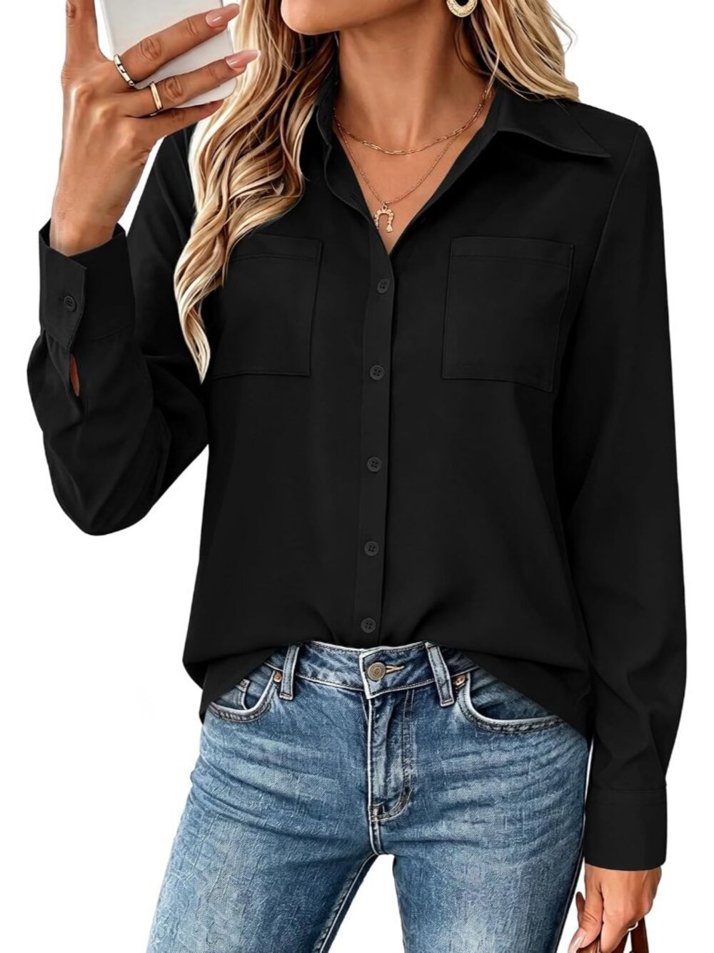 Women's Black Long Sleeve Shirts Button Down Top Pocket Casual Blouses